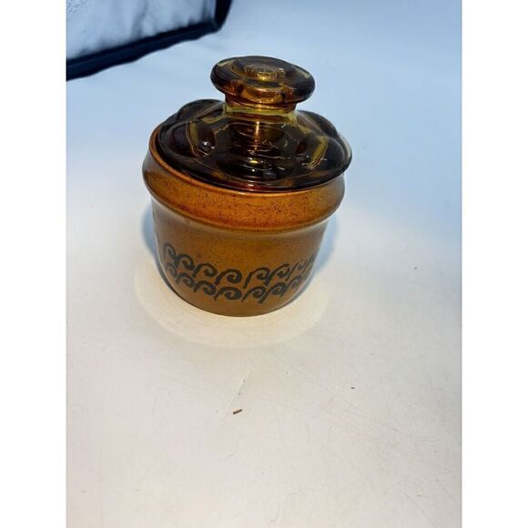 Vintage MCM Japanese Stoneware Small Yellow Crock with Brown Lid Sugar Bowl Butt - Picture 3 of 15